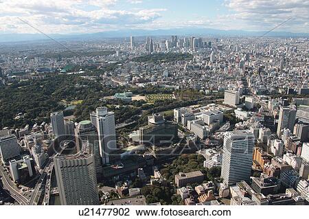 Stock Image - Aerial view of Yotsuya, Chiyoda ward, Tokyo Prefecture, Honshu, Japan. Fotosearch