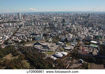 Stock Image - Aerial view of Yoyogi park, Shibuya ward, Tokyo Prefecture, Honshu, Japan. Fotosearch