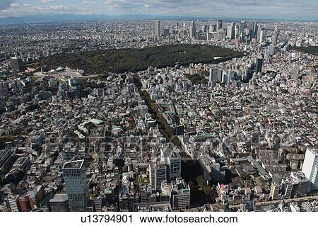 Stock Image - Aerial view of Yoyogi park, Shibuya ward, Tokyo Prefecture, Honshu, Japan. Fotosearch