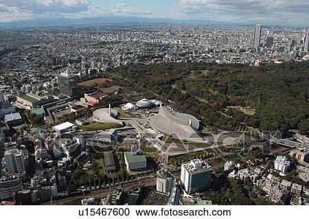Stock Image - Aerial view of Yoyogi park, Shibuya ward, Tokyo Prefecture, Honshu, Japan. Fotosearch