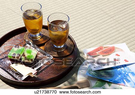 Barley tea, sweet food and postcard on tatami mat View Large Photo Image Stock Image - Barley tea, sweet food and postcard on tatami mat. Fotosearch