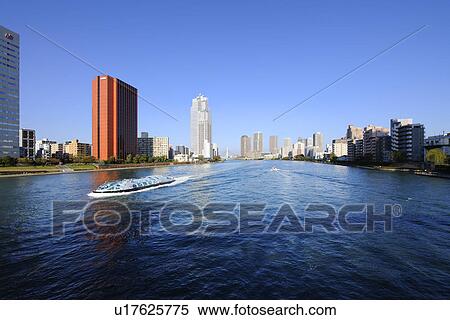 Boat in Sumida River, Seen from Kachidoki Bridge View Large Photo Image Stock Photography - Boat in Sumida River, Seen from Kachidoki Bridge. Fotosearch