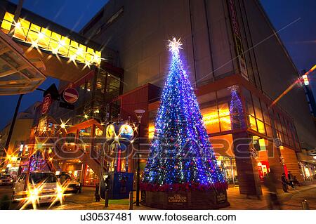 Stock Image - Christmas Tree Outside Shops. Fotosearch
