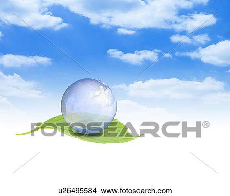 Picture - Globe on leaf in the sky. Fotosearch
