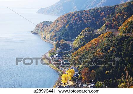 Stock Image - High Angle View of Lake Biwa in Autumn. Fotosearch