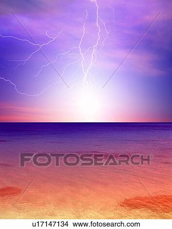 Picture - Lightning over sea. Fotosearch