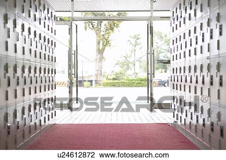 Stock Image - Locker for shoes at high school, Japan. Fotosearch