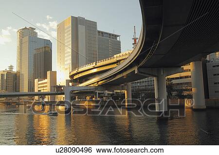 Stock Photograph - Skyline of Nakanoshima at dusk, Osaka Prefecture, Honshu, Japan. Fotosearch