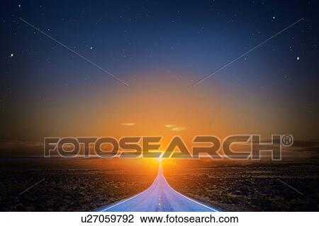 Stock Image - Sunrise over desert, digital composite. Fotosearch