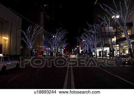 Winter Lights Illuminating Street View Large Photo Image Picture - Winter Lights Illuminating Street. Fotosearch
