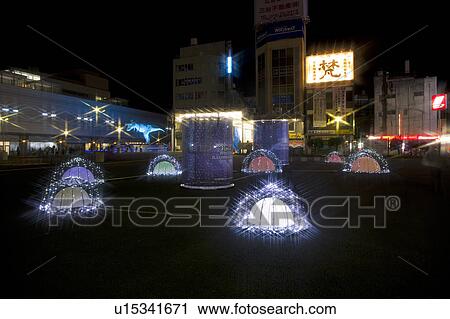 Stock Image - Winter Lights Outside West Entrance of Fukui Station. Fotosearch