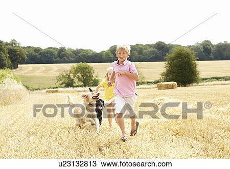 Stock Image - Boy With Dogs Running Through Summer Harvested Field. Fotosearch
