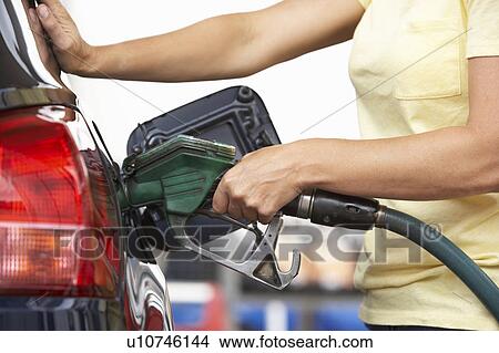 Picture - Detail Of Female Motorist Filling Car With Petrol At Petrol Station. Fotosearch