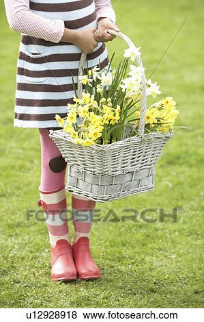 Stock Photo - Detail Of Girl Holding Basket Of Daffodils In Garden. Fotosearch