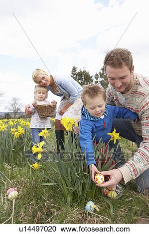 Stock Image - Family On Easter Egg Hunt In Daffodil Field. Fotosearch