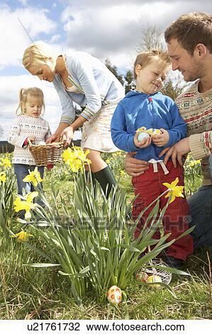 Stock Image - Family On Easter Egg Hunt In Daffodil Field. Fotosearch