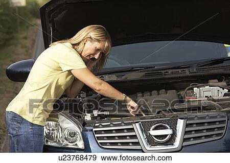 Stock Photo - Female Driver Broken Down On Country Road. Fotosearch
