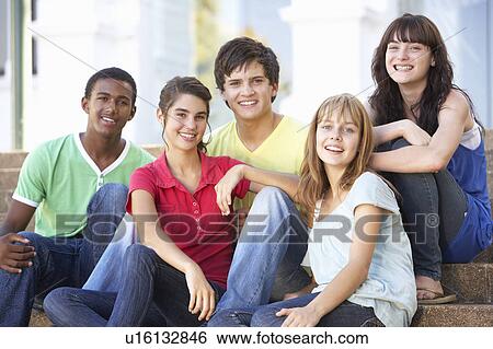 Group Of Teenage Friends Sitting On College Steps Outside View Large Photo Image Stock Photograph - Group Of Teenage Friends Sitting On College Steps Outside. Fotosearch