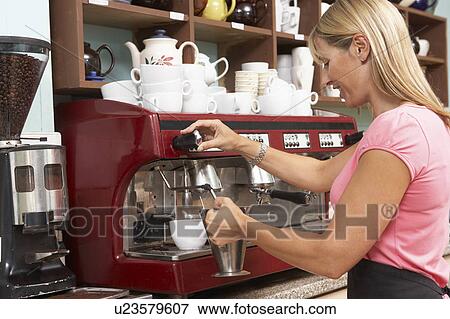 Woman Making Coffee In Café View Large Photo Image Stock Photo - Woman Making Coffee In Café. Fotosearch