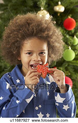Stock Photo - Young Boy Eating Cookie In Front Of Christmas Tree. Fotosearch