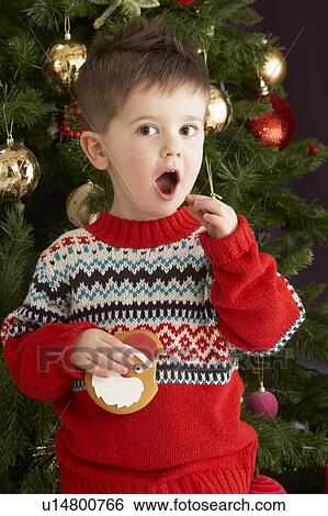 Stock Photograph - Young Boy Eating Cookie In Front Of Christmas Tree. Fotosearch