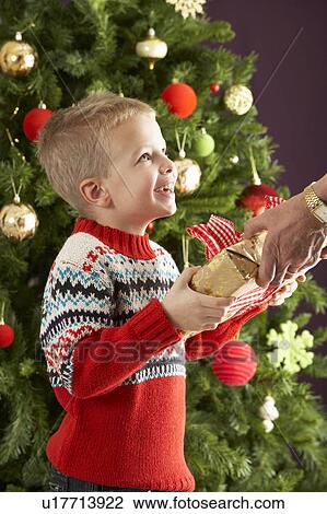 Young Boy Holding Christmas Present In Front Of Christmas Tree View Large Photo Image Stock Image - Young Boy Holding Christmas Present In Front Of Christmas Tree. Fotosearch