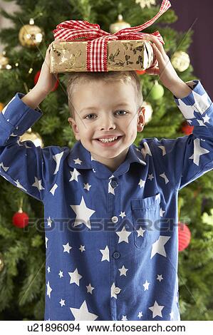 Young Boy Holding Wrapped Present In Front Of Christmas Tree View Large Photo Image Picture - Young Boy Holding Wrapped Present In Front Of Christmas Tree. Fotosearch