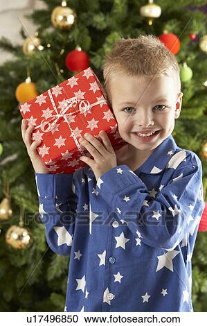 Stock Image - Young Boy Holding Wrapped Present In Front Of Christmas Tree. Fotosearch
