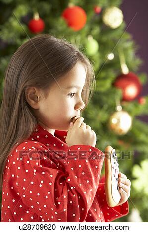 Stock Image - Young Girl Eating Cookie In Front Of Christmas Tree. Fotosearch