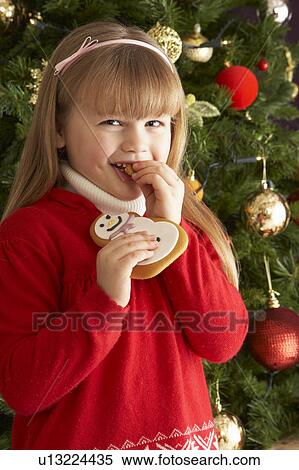 Young Girl Eating Cookie In Front Of Christmas Tree View Large Photo Image Stock Photography - Young Girl Eating Cookie In Front Of Christmas Tree. Fotosearch