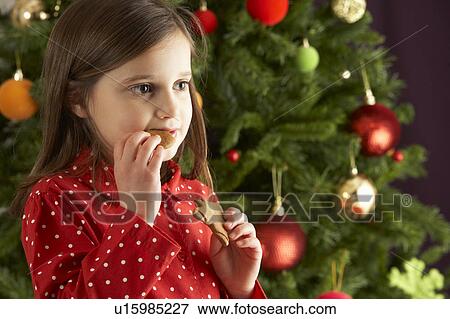 Young Girl Eating Star Shaped Christmas Cookie In Front Of Christmas Tree View Large Photo Image Stock Photo - Young Girl Eating Star Shaped Christmas Cookie In Front Of Christmas Tree. Fotosearch