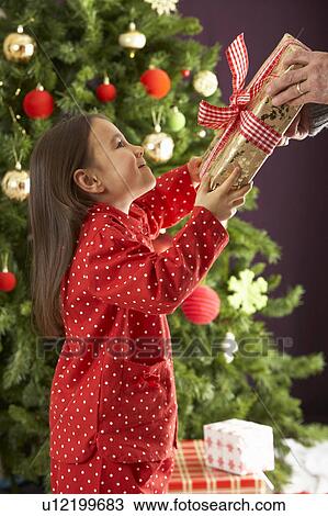 Young Girl Holding Wrapped Present In Front Of Christmas Tree View Large Photo Image Stock Image - Young Girl Holding Wrapped Present In Front Of Christmas Tree. Fotosearch