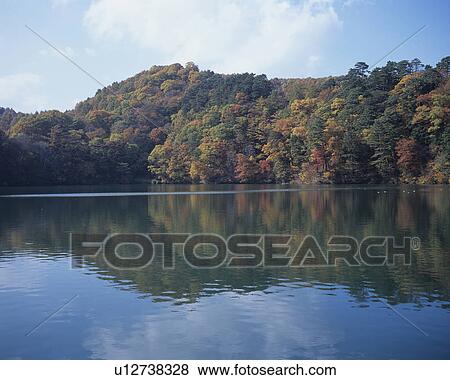 Stock Photo - Autumnal Trees Reflected in Lake. Fotosearch