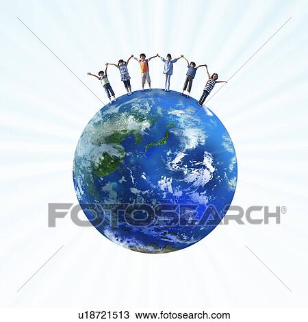 Stock Image - Children Holding Hands on Globe. Fotosearch