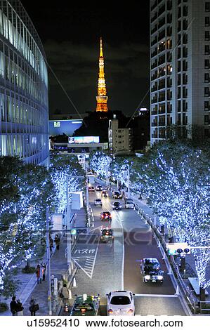 Stock Image - Illuminated trees at Roppongi, Tokyo Prefecture, Honshu, Japan. Fotosearch
