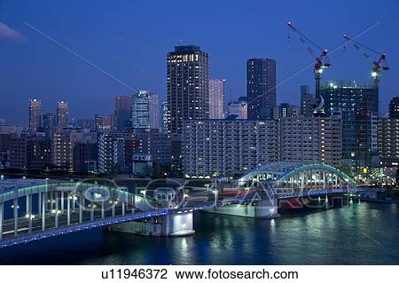 Stock Image - Kachidoki Bridge at Night. Fotosearch