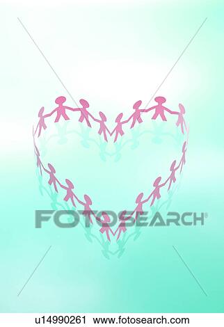 Stock Image - Paper Cutting of People Holding Hands in Love Heart Shape. Fotosearch
