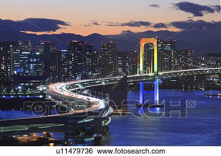 Rainbow Bridge at Night View Large Photo Image Stock Photograph - Rainbow Bridge at Night. Fotosearch