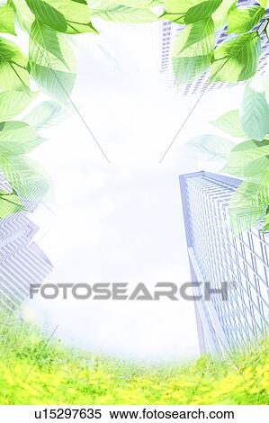 Stock Photography - Skyscrapers Framed with Leaves. Fotosearch