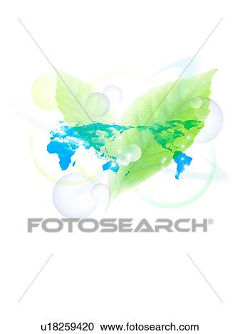Stock Image - World Map and Leaves. Fotosearch