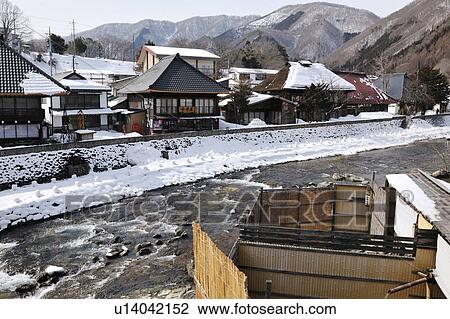Stock Image - Yunishigawa hot spring in winter, Tochigi Prefecture, Honshu, Japan. Fotosearch