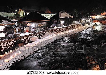 Stock Photo - Yunishigawa hot spring in winter, Tochigi Prefecture, Honshu, Japan. Fotosearch