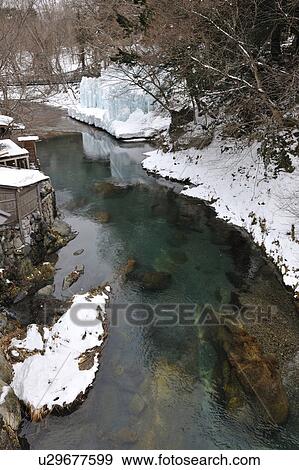 Stock Photo - Yunishigawa hot spring in winter, Tochigi Prefecture, Honshu, Japan. Fotosearch