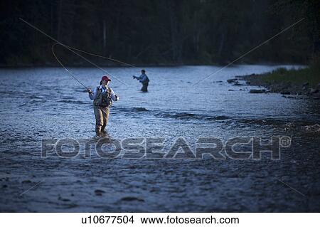 Picture - Canada, British Columbia, Fernie, Women fly fishing in river. Fotosearch