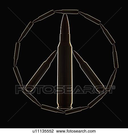 Stock Image - Peace Sign made of bullets on black background. Fotosearch