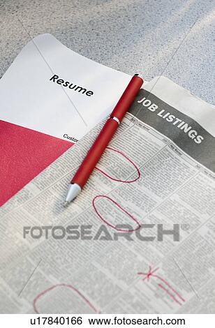 Pen on newspaper job listings with resume View Large Photo Image Stock Photograph - Pen on newspaper job listings with resume. Fotosearch