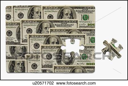 Stock Image - Puzzle with one hundred dollar bills. Fotosearch