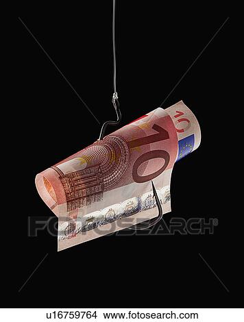 Picture - Ten euro note on fishing hook. Fotosearch