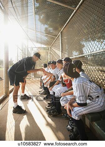 USA, California, Ladera Ranch, coach training little league baseball team (10-11) on dugout View Large Photo Image Stock Photo - USA, California, Ladera Ranch, coach training little league baseball team (10-11) on dugout. Fotosearch