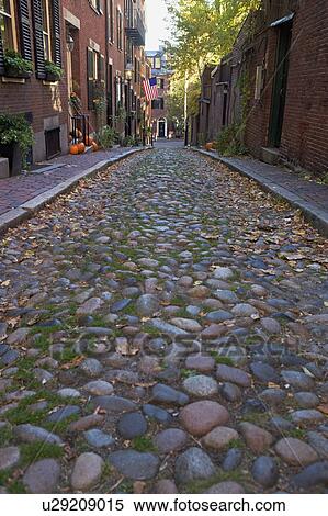 Stock Photography - USA, Massachusetts, Boston, Beacon Hill, cobblestoned alley. Fotosearch